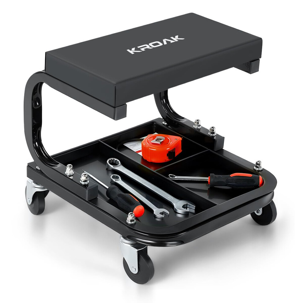 Rolling Mechanic Seat With Tool Tray, Padded Garage Creeper Stool, Heavyduty Frame 260Lbs Capacity 9094768021811