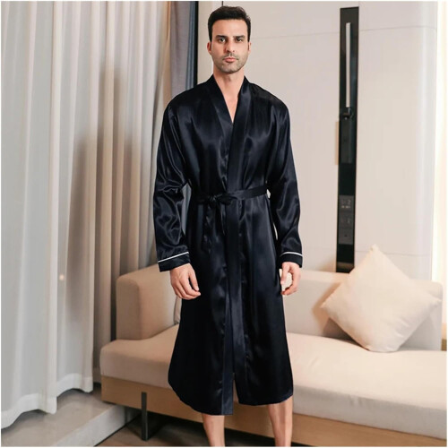 Men's Satin Bathrobe, Ice Silk, Thin Style, Oversized, Long Sleeves, Size M, Blue 1