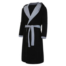 Men's Long Warm Dressing Gown Unisex Lightweight Cotton Hooded Bathrobe With Belt Patchwork Long Sleeve Black Size L