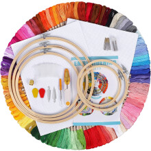Broderisett for barn og nybegynnere, inkluderer 5 stk. bambusringer, 100 farger broderitråd, 2 Aida-kluter, korsstingverktøy og DIY-verktøy.