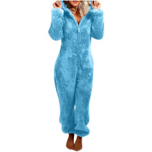 Adult Pajamas Oversize Fleece Jumpsuit With Cat Ear Hood, Zip Up, Long Sleeve, Sky Blue, Winter Sleepwear, XXXXXL