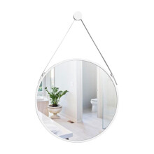Large Round Mirror Wall Decor With Metal Frame And PU Leather Strap 60cm White For Bathroom Bedroom Living Room Entryway