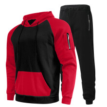 Men's Cotton Jogging Suit Hooded Tracksuit Color Block Hoodie Loose Long Trousers Summer Casual Sportswear Club Red L