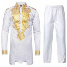 Muslim Clothing Men's African Dashiki Set White L Gold Print Shirt And Trousers Traditional Ethnic Ramadan Prayer Wear