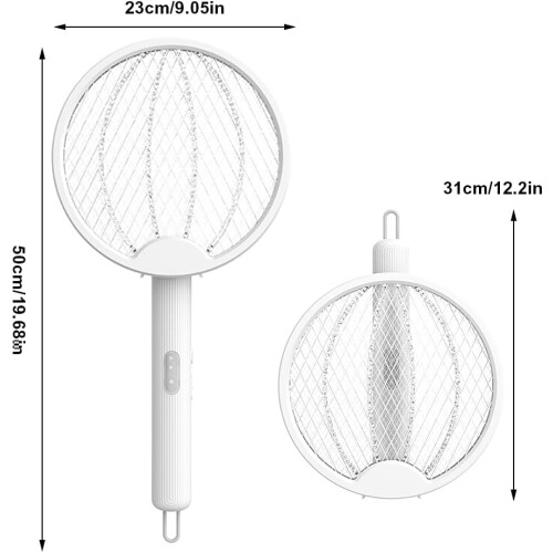 Electric Mosquito Swatter 3000V Instant Kill with LED Light Foldable Handle Indoor Bug Zapper White 2
