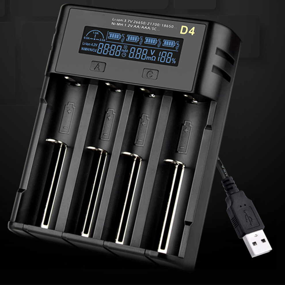 4 Slot Lcd Lithium Battery Charger 21700 26650 Aa Aaa Usb Black 9411382689133
