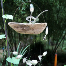 (One Little Man) Fishing Man Spoon Fish Sculptures Wind Chime Indoor Outdoor Hanging Ornament Decoration