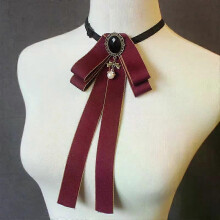 (Red) Women Pre Tied Bowknot Bow Tie Rhinestone Pearl Ribbon Brooch Adjustable Bowtie Uniform Necktie Women Costume Accessory