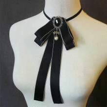 (Black) Women Pre Tied Bowknot Bow Tie Rhinestone Pearl Ribbon Brooch Adjustable Bowtie Uniform Necktie Women Costume Accessory