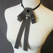 (Gray) Women Pre Tied Bowknot Bow Tie Rhinestone Pearl Ribbon Brooch Adjustable Bowtie Uniform Necktie Women Costume Accessory