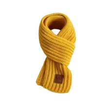 (Yellow) Children'S Knitted Scarf Neck Protection Solid-Color Leather Label Scarf