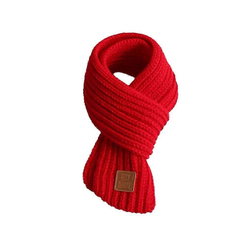 (Red)Children'S Knitted Scarf Neck Protection Solid-Color Leather Label Scarf