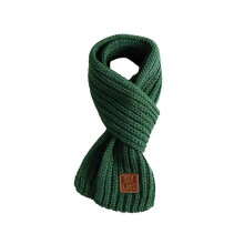 (Green) Children'S Knitted Scarf Neck Protection Solid-Color Leather Label Scarf