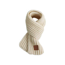 (White) Children'S Knitted Scarf Neck Protection Solid-Color Leather Label Scarf