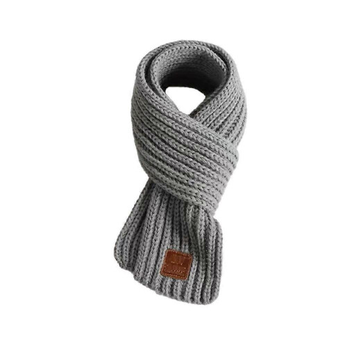 (Gray)Children'S Knitted Scarf Neck Protection Solid-Color Leather Label Scarf