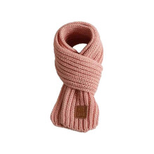 (Pink) Children'S Knitted Scarf Neck Protection Solid-Color Leather Label Scarf