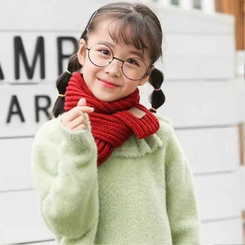 (Green)Children'S Knitted Scarf Neck Protection Solid-Color Leather Label Scarf 1
