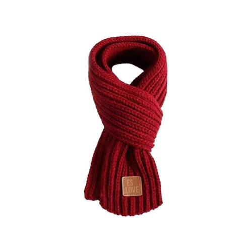 (Dark red)Children'S Knitted Scarf Neck Protection Solid-Color Leather Label Scarf
