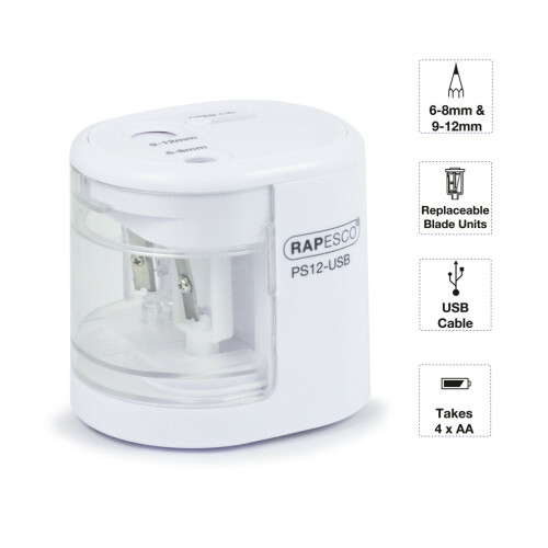 Rapesco 1448 PS12-USB Automatic/Electric Pencil Sharpener with USB or Battery (not Included) Charging, White 1