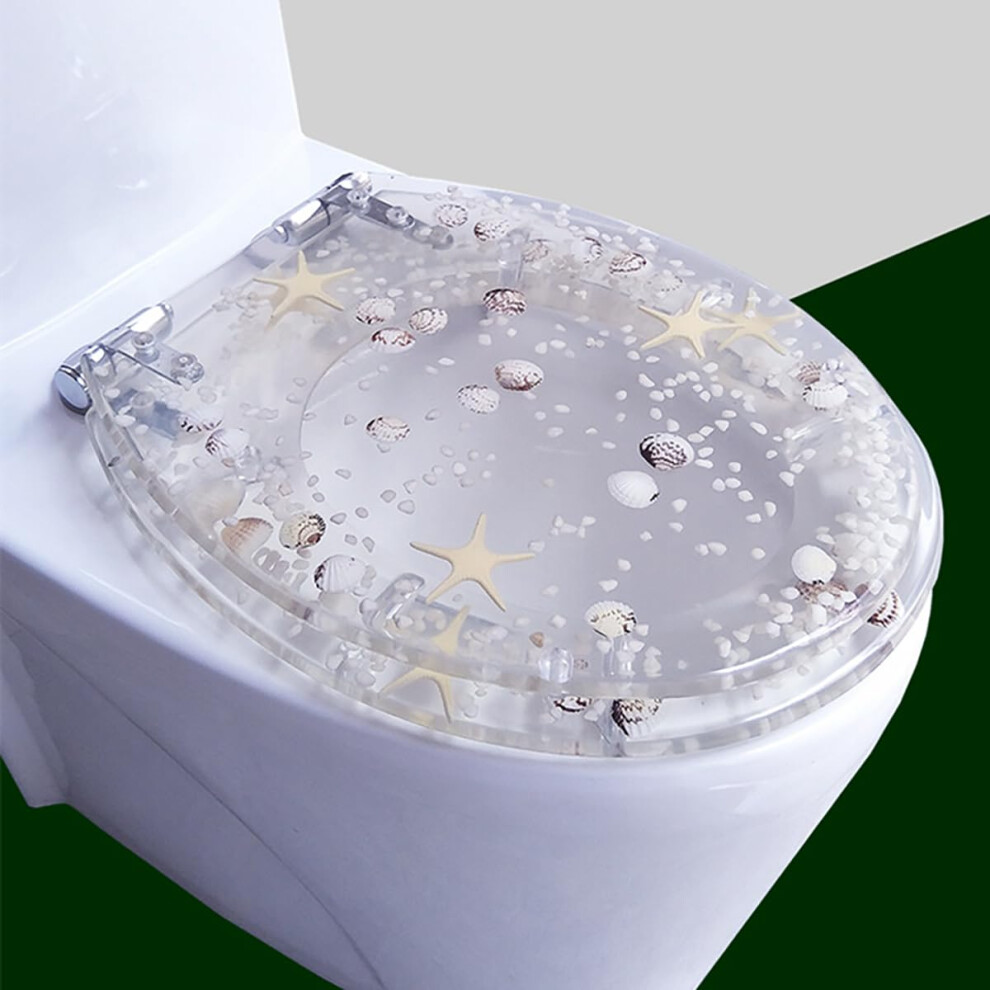 Transparent Resin Toilet Seat Slow Close With Clear Seashells Cover Ocean Series Stainless Steel Hinges 9347817731392