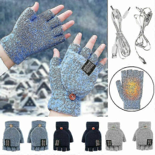 (Dark Blue)Winter Electric Rechargeable Mitten Heated Gloves Fullhalf Finger Warmer Usb It