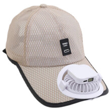 (Beige)Mesh Cap Solar Fan Solar Rechargeable Peaked Cap for Outdoor Sports
