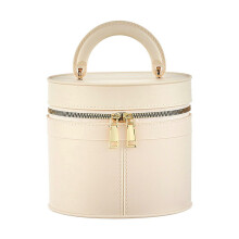 (Round, Cream White) Handheld Zipper Cosmetic Bag with Lid Large Capacity Lightweight Toiletry Bag