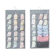 (Gray) Underwear Hanging Organizer Double Side Sock Storage Bag Wall Mounted Wardrobe