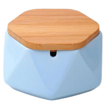(Light Blue) Geometric Ceramic Ashtray with Bamboo Lid, Windproof Ceramic Ashtray for Indoor Outdoor, Home Office Decoration