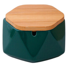 (Dark Green) Geometric Ceramic Ashtray with Bamboo Lid, Windproof Ceramic Ashtray for Indoor Outdoor, Home Office Decoration