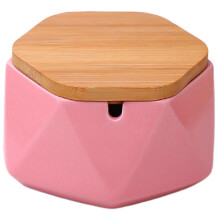 (Pink) Geometric Ceramic Ashtray with Bamboo Lid, Windproof Ceramic Ashtray for Indoor Outdoor, Home Office Decoration