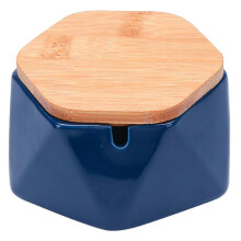 (Dark Blue) Geometric Ceramic Ashtray with Bamboo Lid, Windproof Ceramic Ashtray for Indoor Outdoor, Home Office Decoration