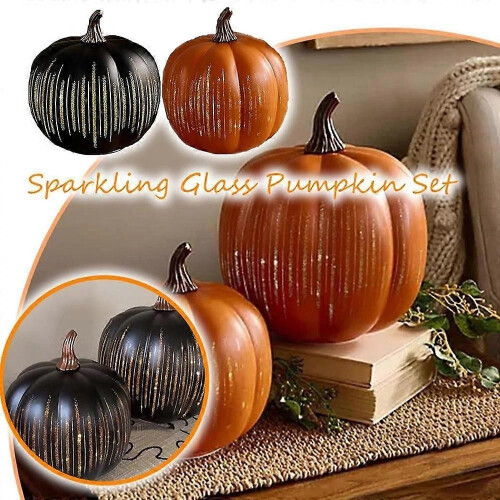 (big, Orange) Twinkle LED Light Pumpkins, Timer Lighted Sparkling Starry Night Glass Pumpkins 2