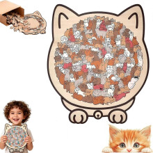 (Maillard Color) 135-Piece Cat Shaped Wooden Jigsaw Puzzle, Cat Outline Design Puzzles for Home Decor & Cat Lovers Gift