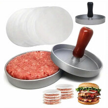 (Red) Non-Stick Burger Press 50Pcs Patty Papers, Hamburger Press Mold Patty Maker with Wood Handle for BBQ & Grilling