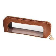 (Brown) Transparent Pu Leather Makeup Bag Portable Makeup Brush Organizer Pouch Case for Travel