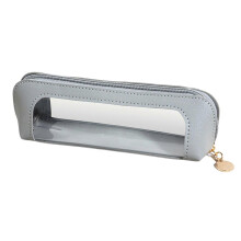 (Grey) Transparent Pu Leather Makeup Bag Portable Makeup Brush Organizer Pouch Case for Travel