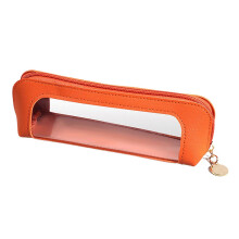(Orange) Transparent Pu Leather Makeup Bag Portable Makeup Brush Organizer Pouch Case for Travel