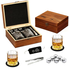 Whiskey Stones Gift Set with 6 Reusable Chilling Stones, 2 Crystal Glasses in Wooden Box for Men Dad Husband