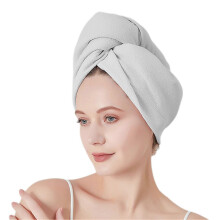 (Wide Tail Model, Light Gray) Quick Dry Hair Turban Cap for Women Thick High Elastic Soft Hair Drying Hat for Hotel