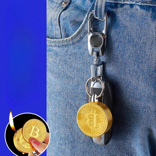 (Glod) Mini Coin Butane Ligher with Keychain Refillable Adjustables Novelty Cryptocurrency Lighter Present for Men 1