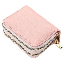 (Pink) Ladies' Double Zipper Accordion Card Holder Multifunctional Compact Cute Coin Purse for Adult Teens