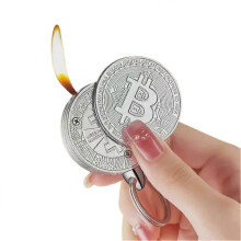 (Silver) Mini Coin Butane Ligher with Keychain Refillable Adjustables Novelty Cryptocurrency Lighter Present for Men