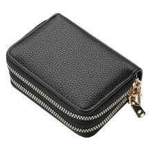 (Black) Ladies' Double Zipper Accordion Card Holder Multifunctional Compact Cute Coin Purse for Adult Teens