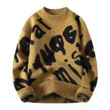 Men's Knitted Pullover Thick Jumper Embroidered Warm Sleeve Oversized Sweater Autumn Winter O Coffee Size M