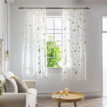 Stars and Moon Pattern Sheer Voile Curtains Rod Pocket 39 x 51 Inches Gold 2 Panels For Bedroom Study Living Room