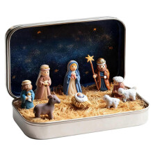 (1pc) Miniature Christmas Nativity Set in a Tin Box, Handcrafted Mini Nativity Scene with Resin Holy Family & Sheep