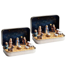 (2pcs) Miniature Christmas Nativity Set in a Tin Box, Handcrafted Mini Nativity Scene with Resin Holy Family & Sheep