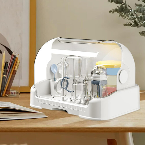 Bottle Dish Rack With Removable Drip Tray, White, DustProof Bottle Storage, Sturdy Countertop Organizer 1