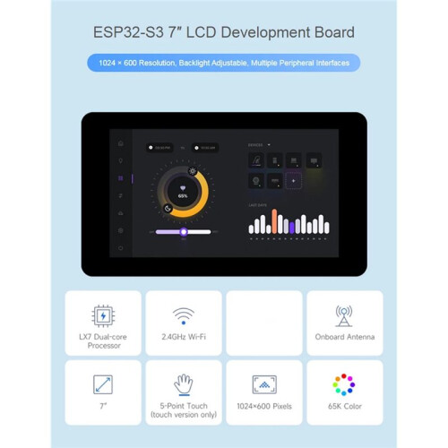 ESP32-S3 7Inch LCD Development Board Capacitive 5 Point Touch Screen 1024x600 32bit LX7 Dual-Core WiFi BLE for  A 2